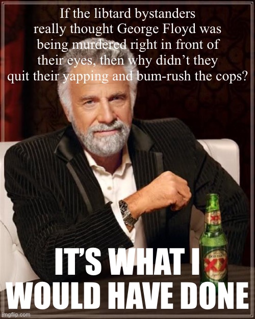 Typical Leftists. No courage. They were just looking for something to complain about that day. | If the libtard bystanders really thought George Floyd was being murdered right in front of their eyes, then why didn’t they quit their yapping and bum-rush the cops? IT’S WHAT I WOULD HAVE DONE | image tagged in memes,the most interesting man in the world,george floyd,leftists,libtards,libtard | made w/ Imgflip meme maker