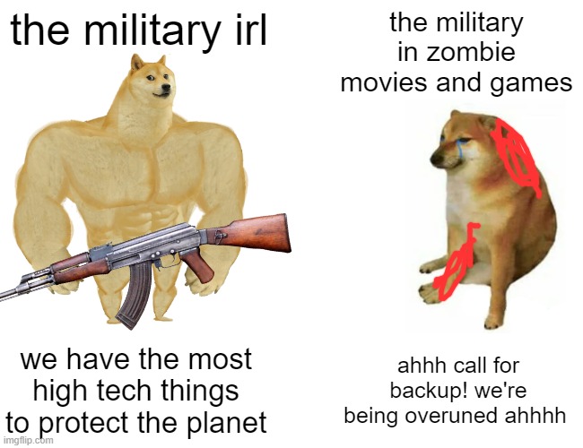 Sooo true |  the military irl; the military in zombie movies and games; we have the most high tech things to protect the planet; ahhh call for backup! we're being overuned ahhhh | image tagged in memes,buff doge vs cheems,zombie,military | made w/ Imgflip meme maker