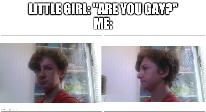 True story | LITTLE GIRL: "ARE YOU GAY?"
ME: | image tagged in e | made w/ Imgflip meme maker