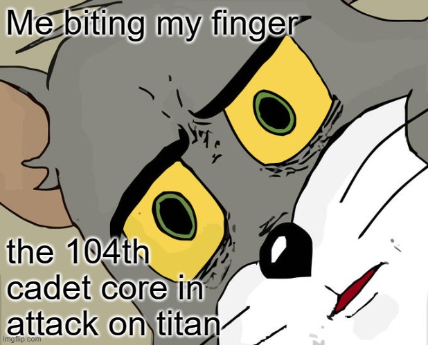 Unsettled Tom | Me biting my finger; the 104th cadet core in attack on titan | image tagged in memes,unsettled tom | made w/ Imgflip meme maker