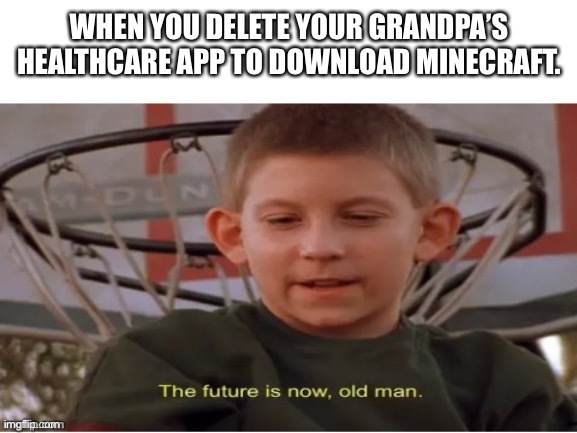 There is no way around it | WHEN YOU DELETE YOUR GRANDPA’S HEALTHCARE APP TO DOWNLOAD MINECRAFT. | image tagged in the future is now old man | made w/ Imgflip meme maker