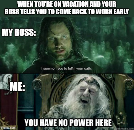 WHEN YOU'RE ON VACATION AND YOUR BOSS TELLS YOU TO COME BACK TO WORK EARLY; MY BOSS:; ME: | image tagged in lotr | made w/ Imgflip meme maker