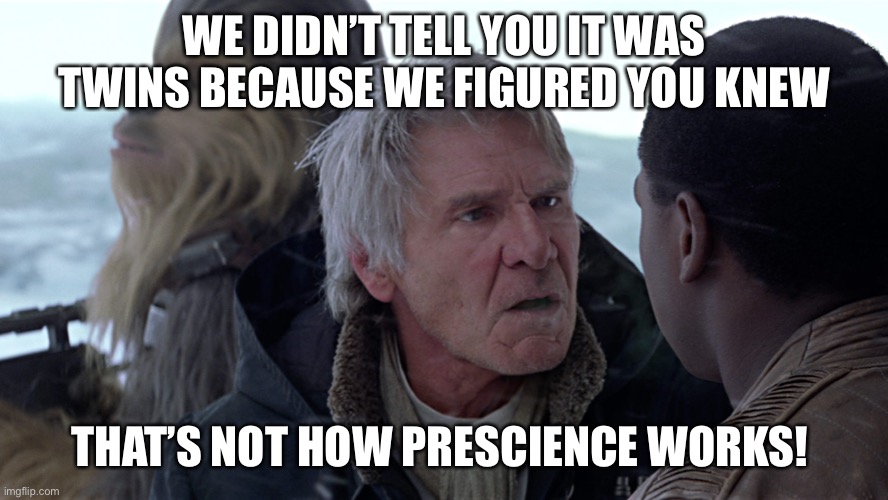 Han Solo - That's not how The Force works | WE DIDN’T TELL YOU IT WAS TWINS BECAUSE WE FIGURED YOU KNEW; THAT’S NOT HOW PRESCIENCE WORKS! | image tagged in han solo - that's not how the force works,dunememes | made w/ Imgflip meme maker