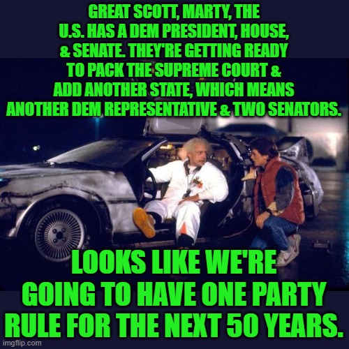 The future is now | GREAT SCOTT, MARTY, THE U.S. HAS A DEM PRESIDENT, HOUSE, & SENATE. THEY'RE GETTING READY TO PACK THE SUPREME COURT & ADD ANOTHER STATE, WHICH MEANS ANOTHER DEM REPRESENTATIVE & TWO SENATORS. LOOKS LIKE WE'RE GOING TO HAVE ONE PARTY RULE FOR THE NEXT 50 YEARS. | image tagged in back to the future,democrats | made w/ Imgflip meme maker