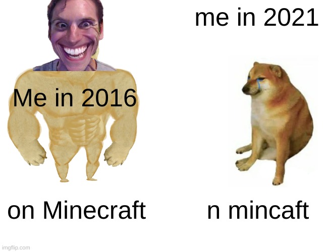 monecwafr | me in 2021; Me in 2016; on Minecraft; n mincaft | image tagged in memes,buff doge vs cheems | made w/ Imgflip meme maker