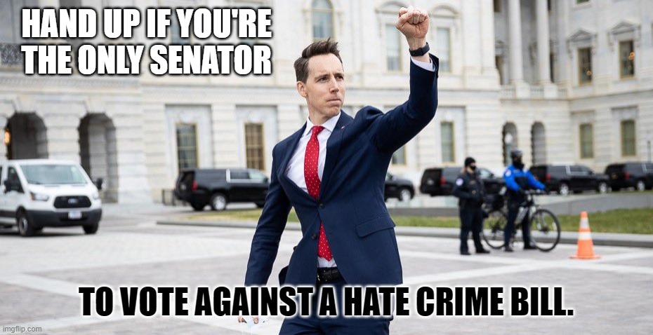 Traitor Josh Hawley | HAND UP IF YOU'RE THE ONLY SENATOR; TO VOTE AGAINST A HATE CRIME BILL. | image tagged in traitor josh hawley | made w/ Imgflip meme maker