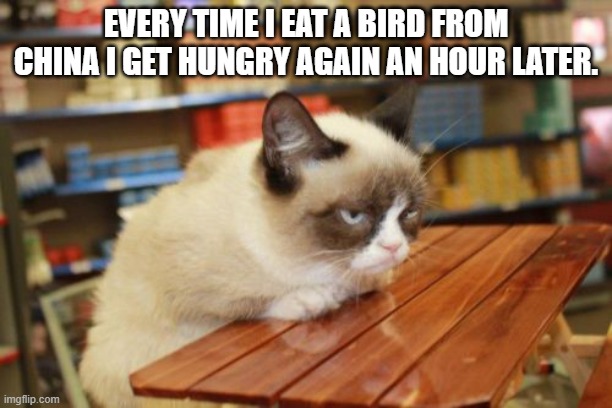 Grumpy Cat Table | EVERY TIME I EAT A BIRD FROM CHINA I GET HUNGRY AGAIN AN HOUR LATER. | image tagged in memes,grumpy cat table,grumpy cat | made w/ Imgflip meme maker