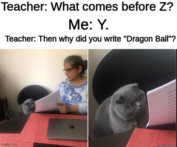 this teacher is missing out | Teacher: What comes before Z? Me: Y. Teacher: Then why did you write "Dragon Ball"? | image tagged in then why did you write,memes,dragon ball z,funny,me irl | made w/ Imgflip meme maker