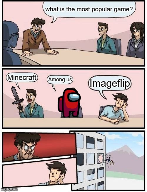 Boardroom Meeting Suggestion Meme | what is the most popular game? Minecraft; Among us; Imageflip | image tagged in memes,boardroom meeting suggestion | made w/ Imgflip meme maker