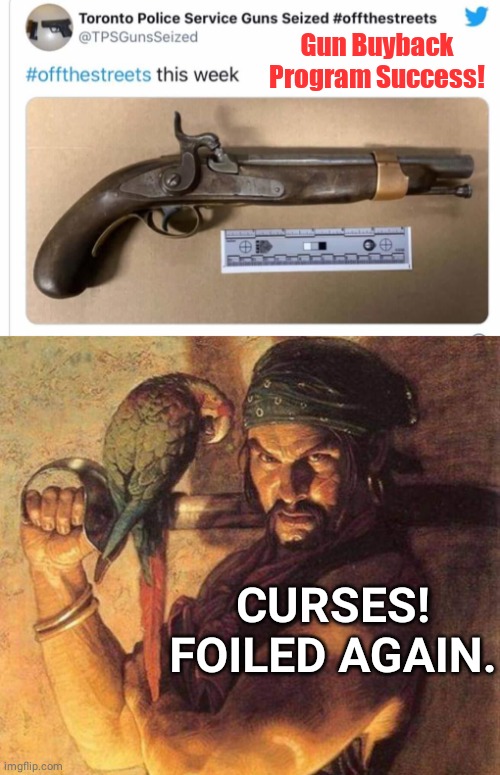 Pirate foiled again | Gun Buyback Program Success! CURSES! FOILED AGAIN. | image tagged in old | made w/ Imgflip meme maker