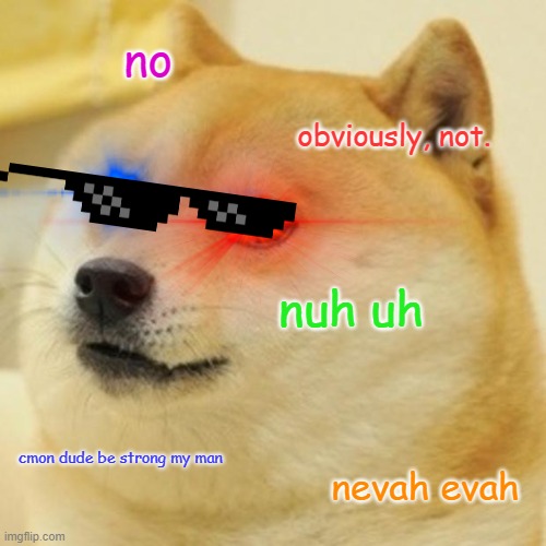 Doge Meme | no obviously, not. nuh uh cmon dude be strong my man nevah evah | image tagged in memes,doge | made w/ Imgflip meme maker