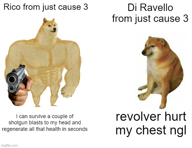 Buff Doge vs. Cheems | Rico from just cause 3; Di Ravello from just cause 3; I can survive a couple of shotgun blasts to my head and regenerate all that health in seconds; revolver hurt my chest ngl | image tagged in memes,buff doge vs cheems | made w/ Imgflip meme maker