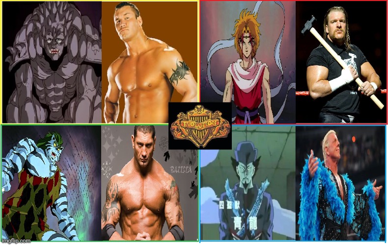 Four Saint Beasts (yu yu hakusho) - Evolution (WWE) | image tagged in wwe,yu yu hakusho,triple h,randy orton,batista,ric flair,YuYuHakusho | made w/ Imgflip meme maker