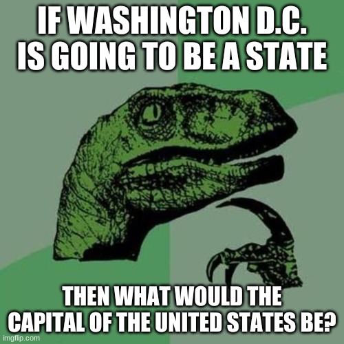 What is going to happen to the U.S.? This is nothing about politics | IF WASHINGTON D.C. IS GOING TO BE A STATE; THEN WHAT WOULD THE CAPITAL OF THE UNITED STATES BE? | image tagged in raptor,washington dc,memes,usa,not politics | made w/ Imgflip meme maker