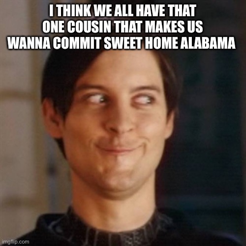 Hehe | I THINK WE ALL HAVE THAT ONE COUSIN THAT MAKES US WANNA COMMIT SWEET HOME ALABAMA | image tagged in hehe | made w/ Imgflip meme maker