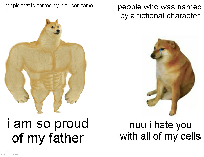 Buff Doge vs. Cheems | people that is named by his user name; people who was named by a fictional character; i am so proud of my father; nuu i hate you with all of my cells | image tagged in memes,buff doge vs cheems | made w/ Imgflip meme maker