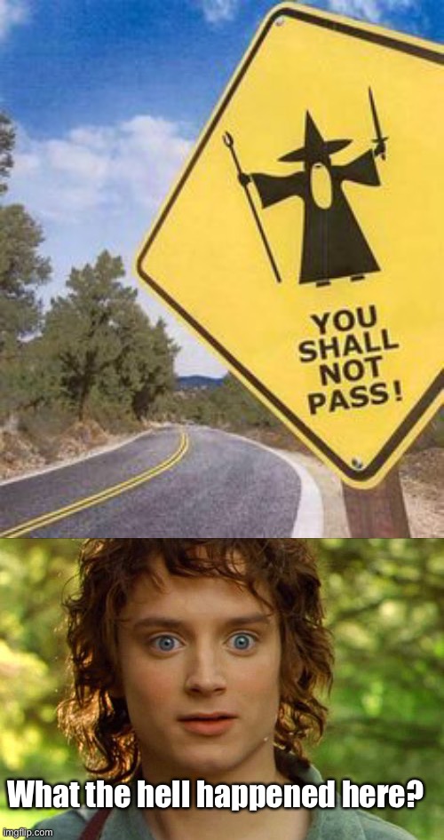 When you’re on the road to Mordor |  What the hell happened here? | image tagged in memes,surpised frodo,shall not pass,gandalf,lord of the rings,bad signs | made w/ Imgflip meme maker