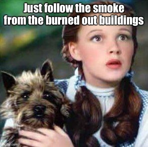 dorothy | Just follow the smoke from the burned out buildings | image tagged in dorothy | made w/ Imgflip meme maker
