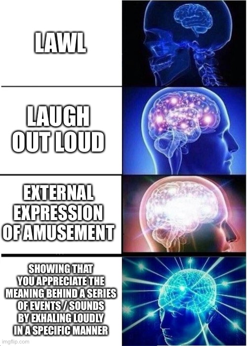 . | LAWL; LAUGH OUT LOUD; EXTERNAL EXPRESSION OF AMUSEMENT; SHOWING THAT YOU APPRECIATE THE MEANING BEHIND A SERIES OF EVENTS / SOUNDS BY EXHALING LOUDLY IN A SPECIFIC MANNER | image tagged in memes,expanding brain,lol | made w/ Imgflip meme maker