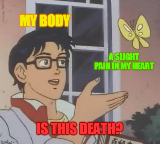 Is This A Pigeon | MY BODY; A SLIGHT PAIN IN MY HEART; IS THIS DEATH? | image tagged in memes,is this a pigeon | made w/ Imgflip meme maker