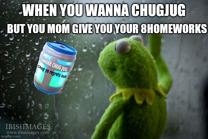 kermit window | BUT YOU MOM GIVE YOU YOUR 8HOMEWORKS; WHEN YOU WANNA CHUGJUG | image tagged in kermit window | made w/ Imgflip meme maker