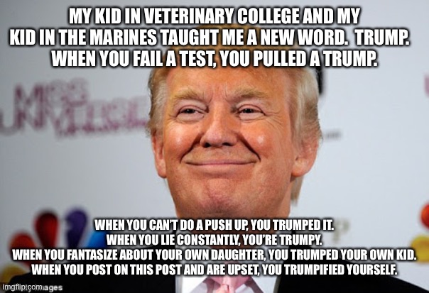 Donald trump approves | MY KID IN VETERINARY COLLEGE AND MY KID IN THE MARINES TAUGHT ME A NEW WORD.  TRUMP.   
WHEN YOU FAIL A TEST, YOU PULLED A TRUMP. WHEN YOU CAN’T DO A PUSH UP, YOU TRUMPED IT.
WHEN YOU LIE CONSTANTLY, YOU’RE TRUMPY.
WHEN YOU FANTASIZE ABOUT YOUR OWN DAUGHTER, YOU TRUMPED YOUR OWN KID.
WHEN YOU POST ON THIS POST AND ARE UPSET, YOU TRUMPIFIED YOURSELF. | image tagged in donald trump approves | made w/ Imgflip meme maker