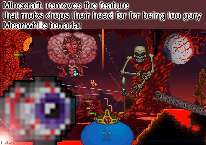 *insert clever title here* |  Minecraft: removes the feature that mobs drops their head for for being too gory
Meanwhile terraria: | image tagged in minecraft,terraria,gore | made w/ Imgflip meme maker