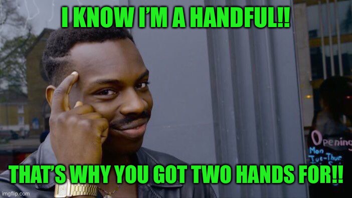 Roll Safe Think About It | I KNOW I’M A HANDFUL!! THAT’S WHY YOU GOT TWO HANDS FOR!! | image tagged in memes,roll safe think about it | made w/ Imgflip meme maker