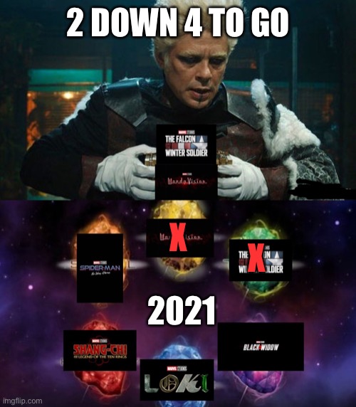After Falcon and the Winter Soldier | 2 DOWN 4 TO GO; X; X; 2021 | image tagged in falcon and the winter soldier,2 down 4 to go,wandavision,loki,shang chi,black widow | made w/ Imgflip meme maker