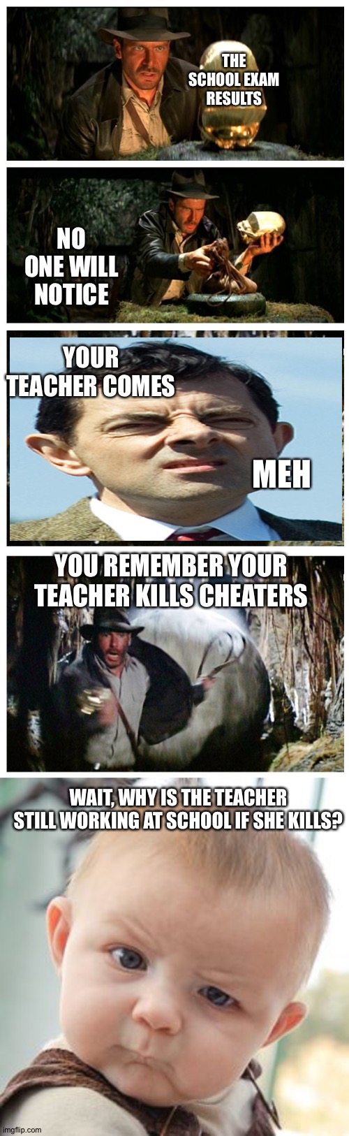 Exam | THE SCHOOL EXAM RESULTS; NO ONE WILL NOTICE; YOUR TEACHER COMES; MEH; YOU REMEMBER YOUR TEACHER KILLS CHEATERS; WAIT, WHY IS THE TEACHER STILL WORKING AT SCHOOL IF SHE KILLS? | image tagged in stealing the front page,memes,skeptical baby | made w/ Imgflip meme maker
