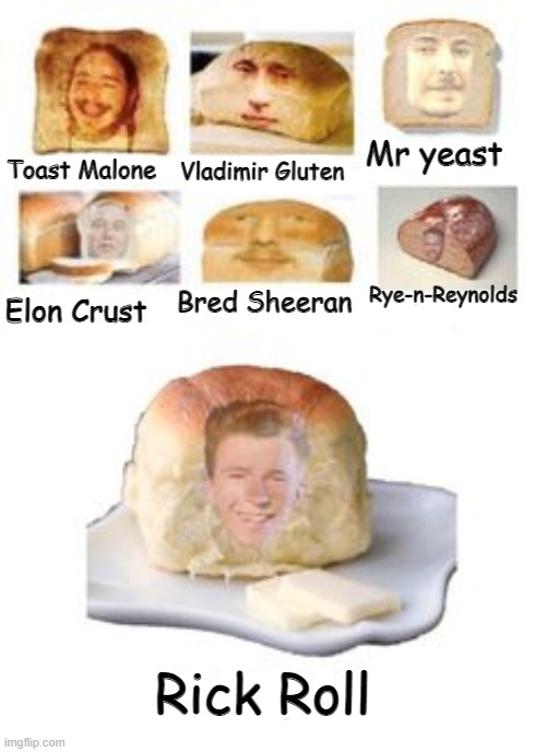 The breads | Mr yeast; Vladimir Gluten; Toast Malone; Rye-n-Reynolds; Bred Sheeran; Elon Crust; Rick Roll | image tagged in funny | made w/ Imgflip meme maker