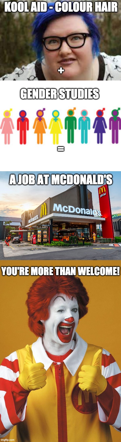 Send In The Clowns | KOOL AID - COLOUR HAIR; +; GENDER STUDIES; =; A JOB AT MCDONALD'S; YOU'RE MORE THAN WELCOME! | image tagged in funny memes,sjws,gender studies | made w/ Imgflip meme maker