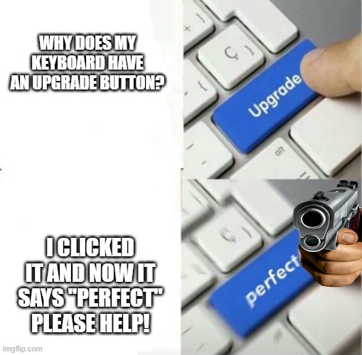 Help my keyboard is broken :( | WHY DOES MY KEYBOARD HAVE AN UPGRADE BUTTON? I CLICKED IT AND NOW IT SAYS "PERFECT" PLEASE HELP! | image tagged in upgrade perfect | made w/ Imgflip meme maker