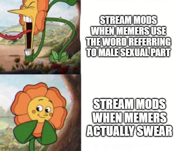 cagney carnation | STREAM MODS WHEN MEMERS USE THE WORD REFERRING TO MALE SEXUAL PART; STREAM MODS WHEN MEMERS ACTUALLY SWEAR | image tagged in cagney carnation | made w/ Imgflip meme maker