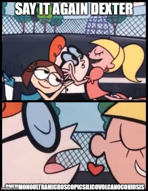 Say it Again, Dexter | SAY IT AGAIN DEXTER; PNEUMONOULTRAMICROSCOPICSILICOVOLCANOCONIOSIS | image tagged in memes,say it again dexter | made w/ Imgflip meme maker