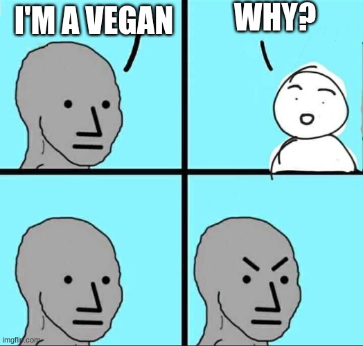 but why, why would you do that? | WHY? I'M A VEGAN | image tagged in npc meme,memes | made w/ Imgflip meme maker