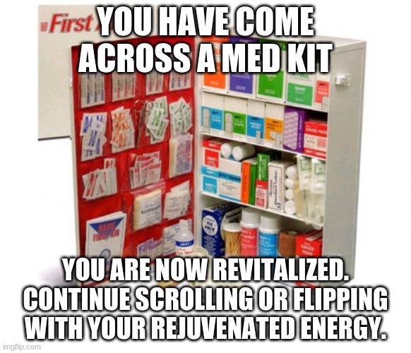 First aid kit | YOU HAVE COME ACROSS A MED KIT; YOU ARE NOW REVITALIZED. CONTINUE SCROLLING OR FLIPPING WITH YOUR REJUVENATED ENERGY. | image tagged in first aid kit | made w/ Imgflip meme maker