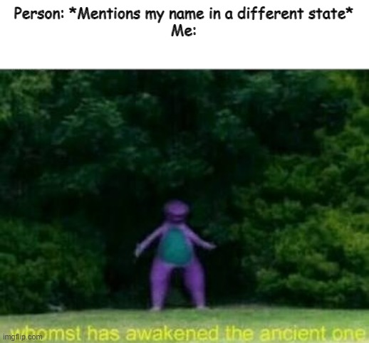 Every time someone says my name, I appear | Person: *Mentions my name in a different state*
Me: | image tagged in whomst has awakened the ancient one | made w/ Imgflip meme maker