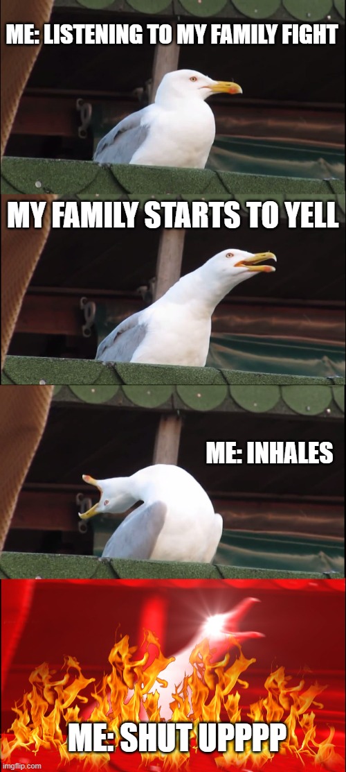 Inhaling Seagull | ME: LISTENING TO MY FAMILY FIGHT; MY FAMILY STARTS TO YELL; ME: INHALES; ME: SHUT UPPPP | image tagged in memes,inhaling seagull | made w/ Imgflip meme maker
