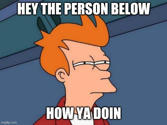 Just Askin' | HEY THE PERSON BELOW; HOW YA DOIN | image tagged in memes,futurama fry | made w/ Imgflip meme maker