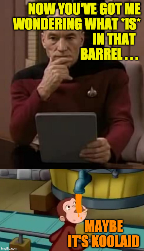 NOW YOU'VE GOT ME
WONDERING WHAT *IS*
IN THAT  
BARREL . . . MAYBE IT'S KOOLAID | image tagged in picard thinking,curious george apple cider | made w/ Imgflip meme maker