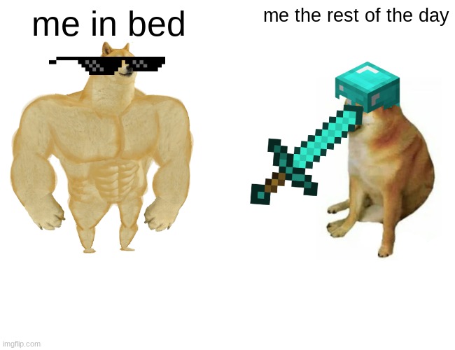 meme :P | me in bed; me the rest of the day | image tagged in memes,buff doge vs cheems | made w/ Imgflip meme maker