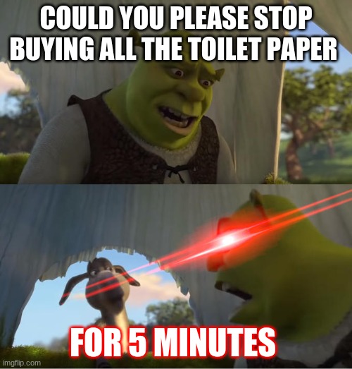 Shrek For Five Minutes | COULD YOU PLEASE STOP BUYING ALL THE TOILET PAPER; FOR 5 MINUTES | image tagged in shrek for five minutes | made w/ Imgflip meme maker