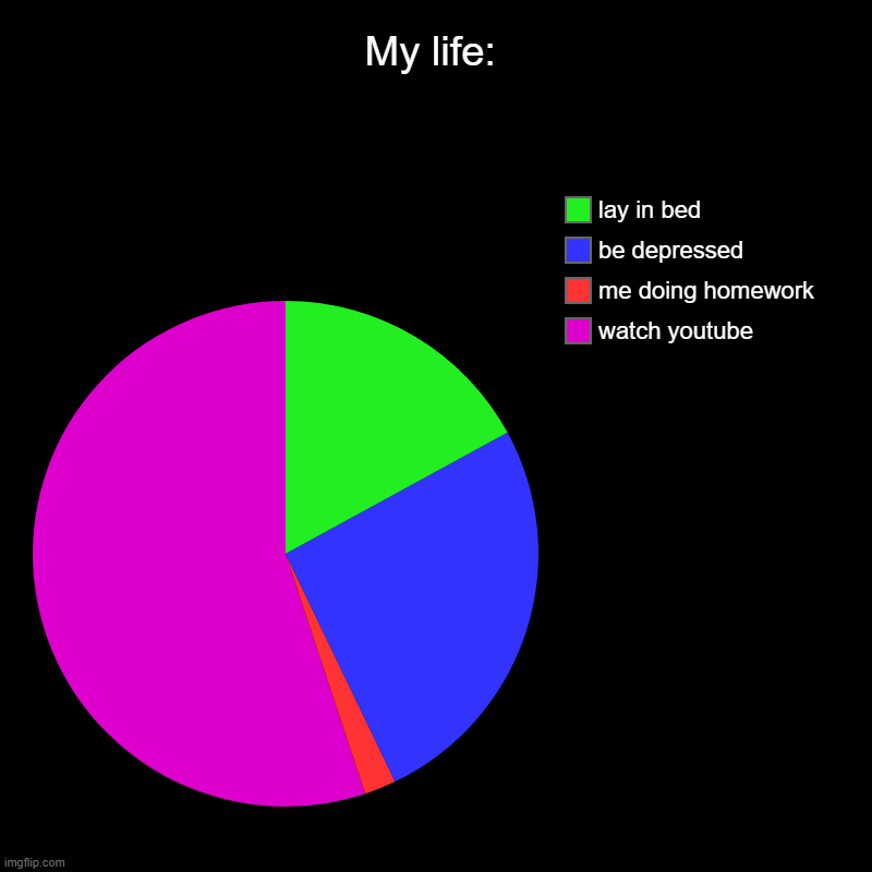 My life: | watch youtube, me doing homework, be depressed, lay in bed | image tagged in charts,pie charts | made w/ Imgflip chart maker