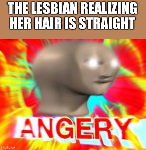 Surreal Angery | THE LESBIAN REALIZING HER HAIR IS STRAIGHT | image tagged in surreal angery,lesbian,hair,straight,straight hair | made w/ Imgflip meme maker