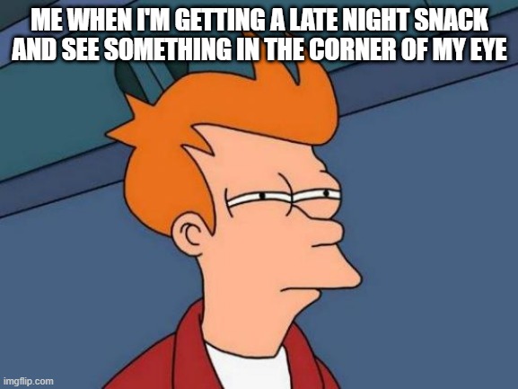 Futurama Fry Meme | ME WHEN I'M GETTING A LATE NIGHT SNACK AND SEE SOMETHING IN THE CORNER OF MY EYE | image tagged in memes,futurama fry | made w/ Imgflip meme maker