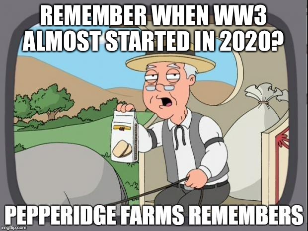 PEPPERIDGE FARMS REMEMBERS | REMEMBER WHEN WW3 ALMOST STARTED IN 2020? | image tagged in pepperidge farms remembers | made w/ Imgflip meme maker