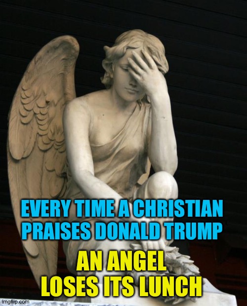 Every time | EVERY TIME A CHRISTIAN PRAISES DONALD TRUMP; AN ANGEL LOSES ITS LUNCH | image tagged in angel facepalm | made w/ Imgflip meme maker