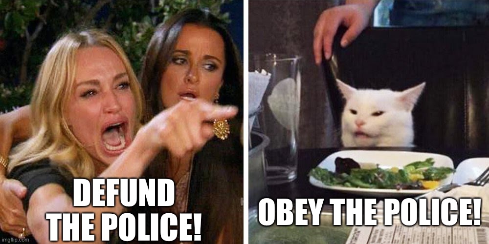 Smudge the cat | OBEY THE POLICE! DEFUND THE POLICE! | image tagged in smudge the cat | made w/ Imgflip meme maker