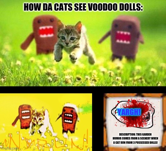 Kittens Running from Domo | HOW DA CATS SEE VOODOO DOLLS:; YARGH! DESCRIPTION: THIS GARDEN HUMOR COMES FROM A SCENERY WHEN A CAT RUN FROM 3 POSSESSED DOLLS! | image tagged in memes,grumpy cat not amused,run | made w/ Imgflip meme maker